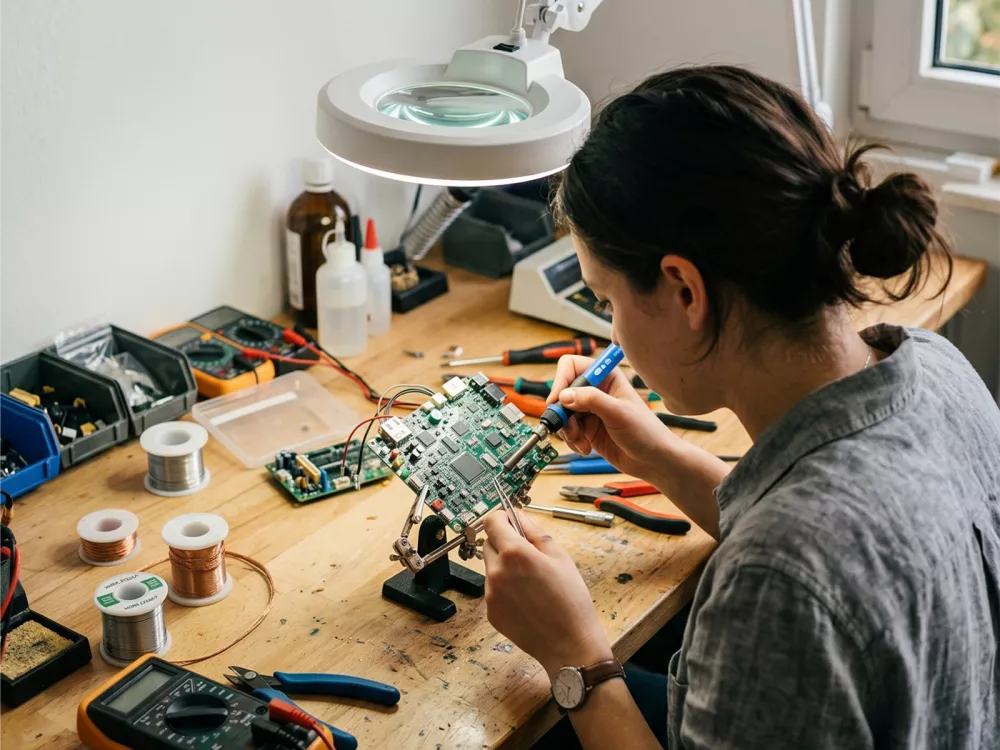 Photo d'une femme créant un objet électronique innovant dans son laboratoire à Genève