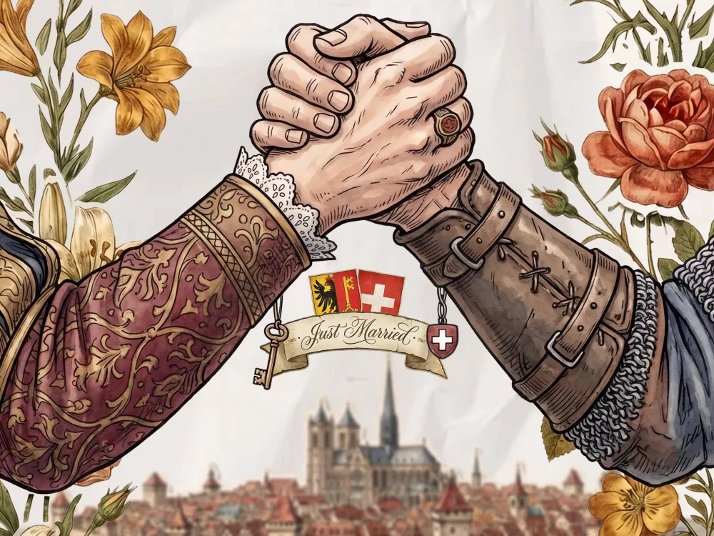 Une illustration d'une poignée de mains entre Genève et la Suisse pour célébrer l'arrivée de Genève comme canton suisse le 19 mai 1815