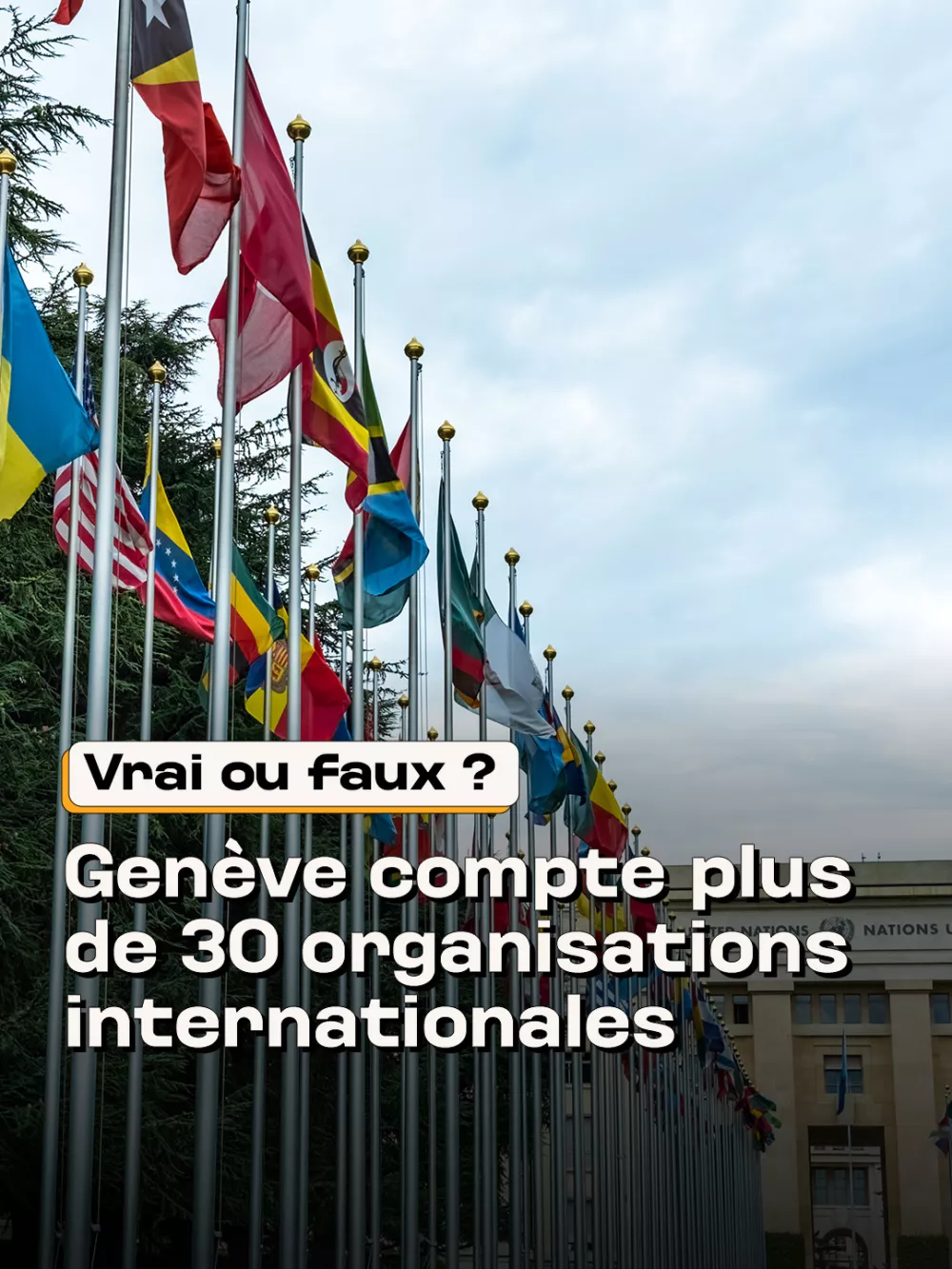 Une lignée de drapeaux du monde entier représentant les organisations internationales qui ont choisi de s’installer à Genève