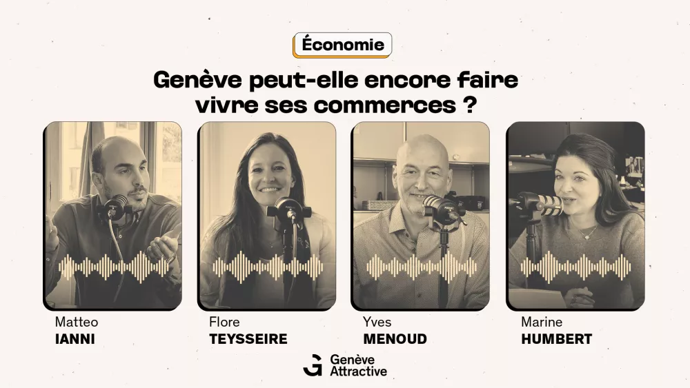 Vignette de podcast avec les photos de Matteo Ianni, Flore Teysseire, Yves Menoud et Marine Humbert. Le podcast parle des commerces genevois.